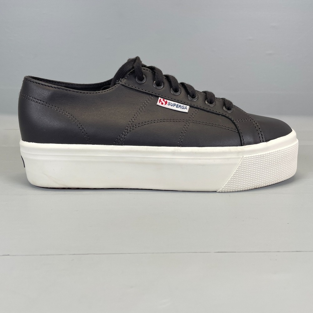 Superga Platform Sneakers Womens Size 9.5 Black Leather Lace Up Casual Shoes
